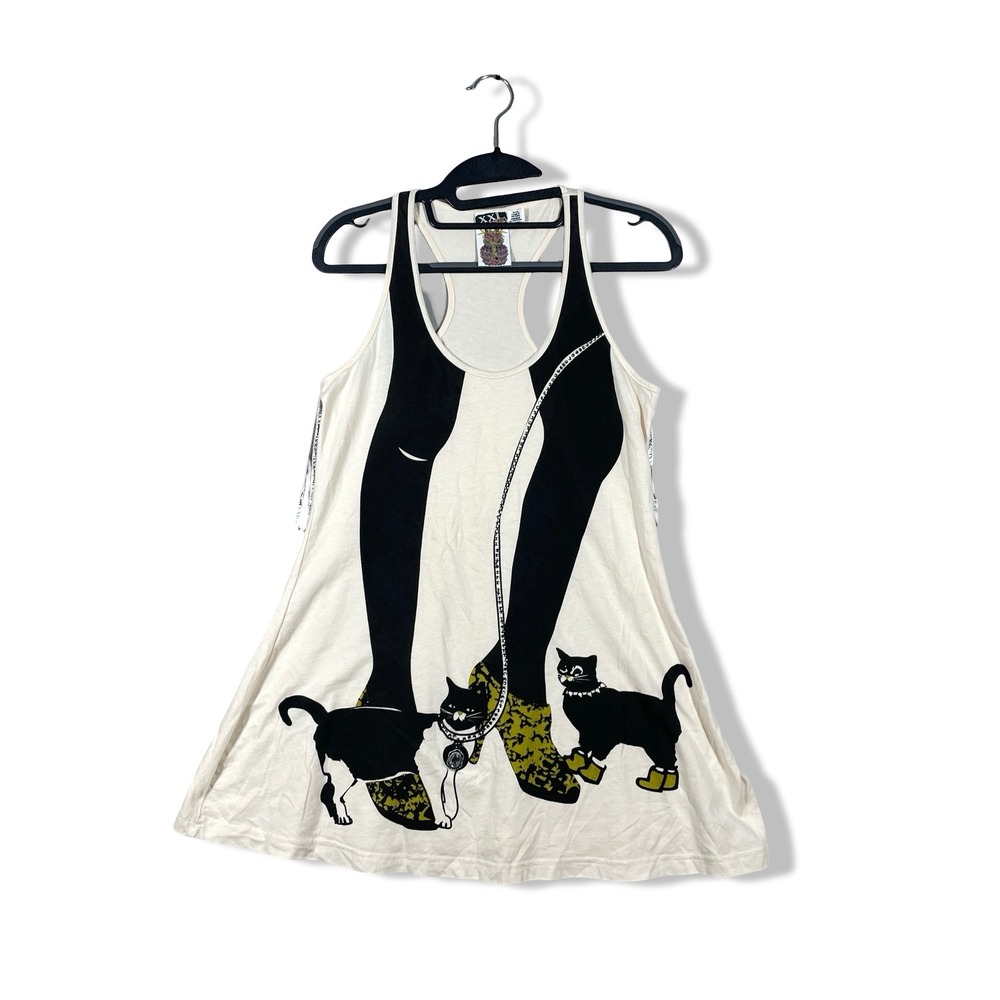 XXI Twist Graphic Tank Top Womens Medium Cream Cat Y2K Indie Sleaze Whimsigoth
